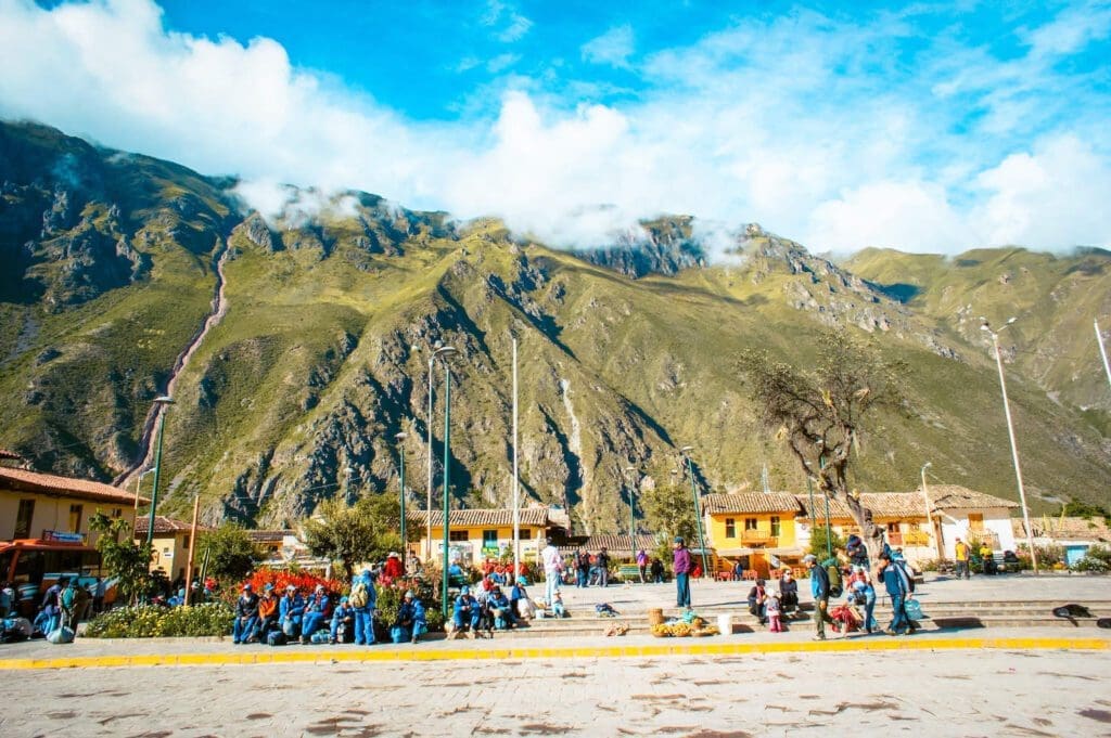 setting up in Ollaytaytambo for the inca trail hike to machu picchu
