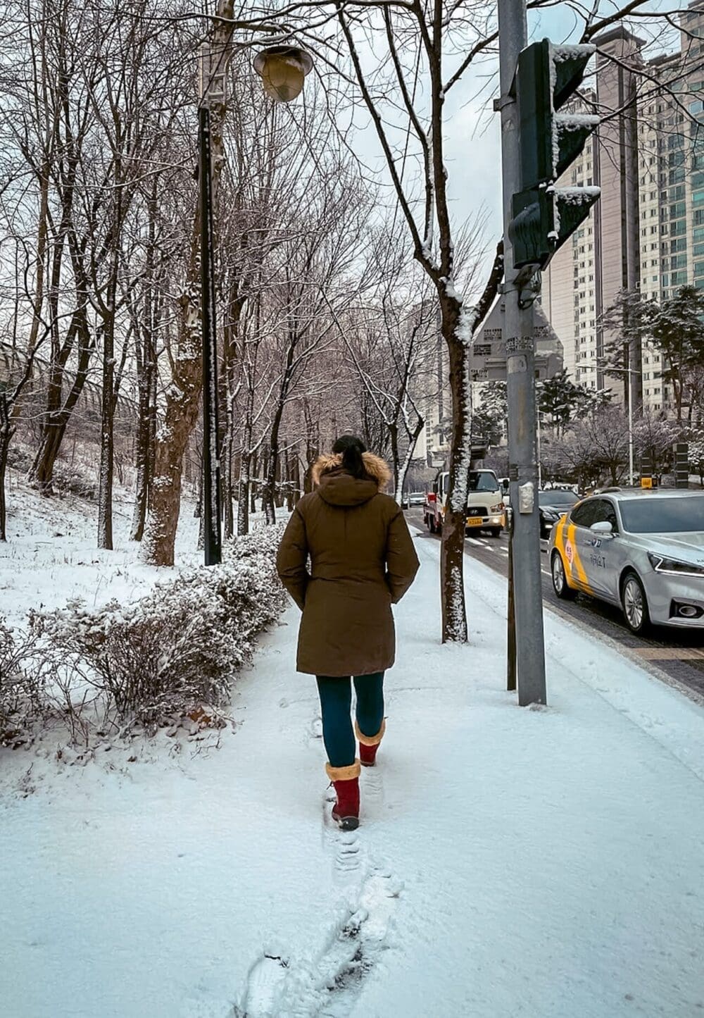 Woman walking down a snow-covered city sidewalk past bare trees during a winter storm in Seoul