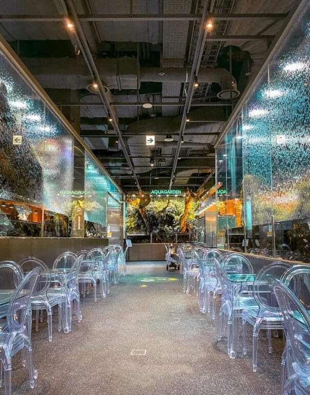 interior of aquagarden aquarium cafe in seoul with clear chairs and fish tanks