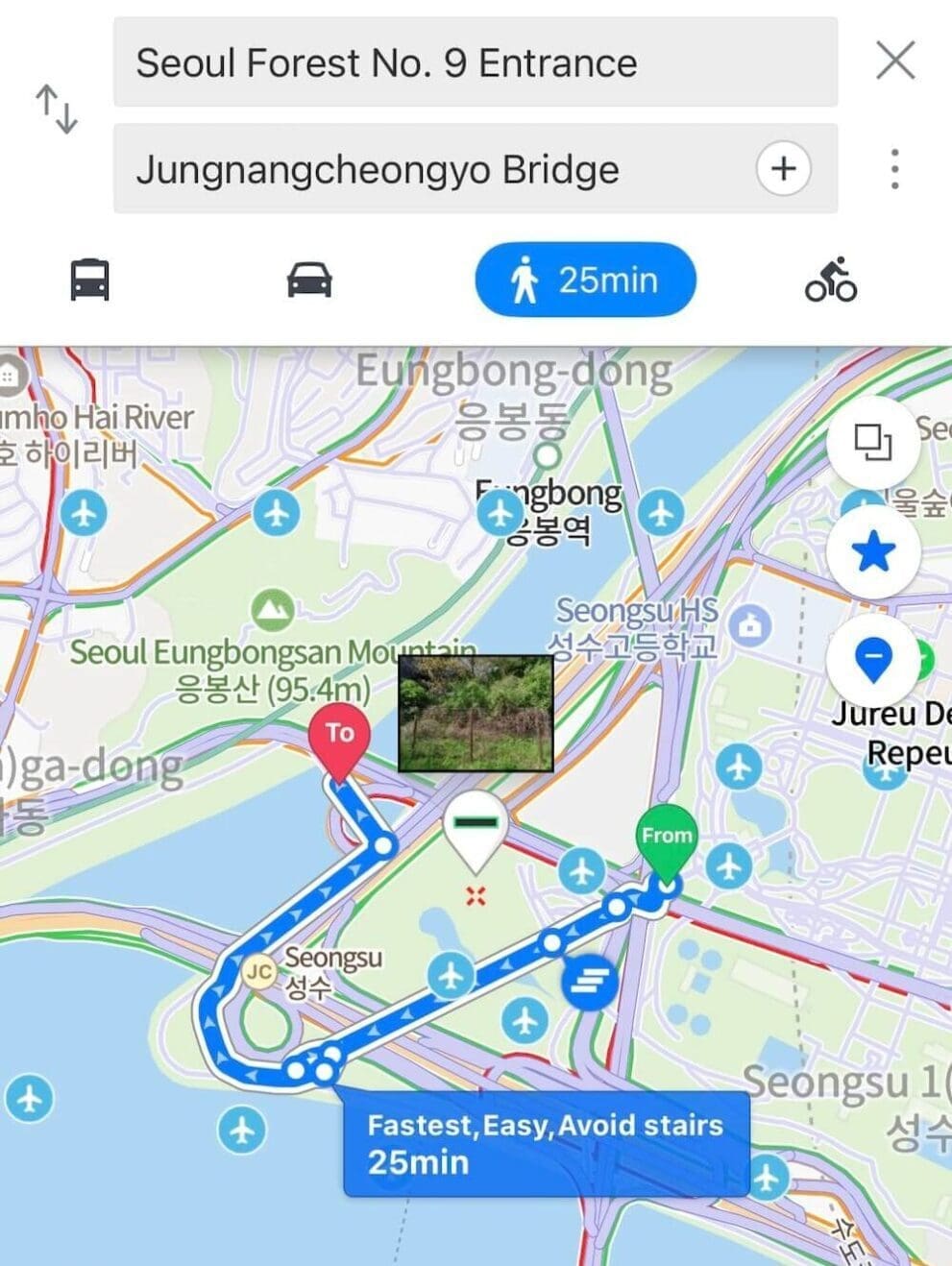 Eungbongsan Mountain | Vibrant Forsythia, Palgakjeong Pavilion, and Gorgeous Views over Seoul 23 Seoul Forest to Jungnangcheongyo Bridge Map.
