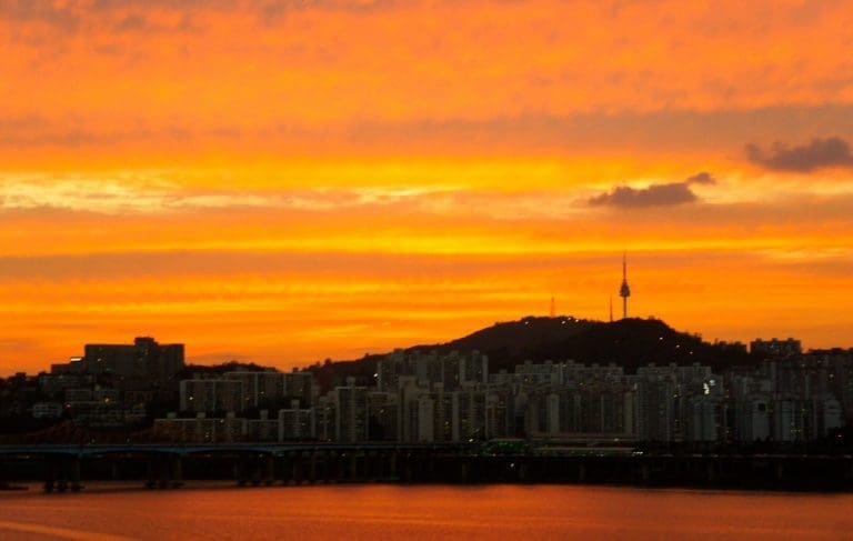 sunset over namsan in seoul korea